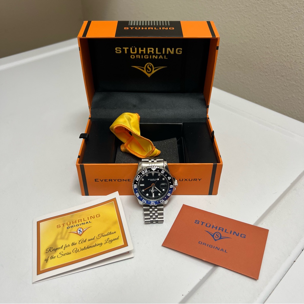 Sthrling Meridian 3968 Gmt Diver Watch Batman Bezel Luxury Sport Travel 42mm